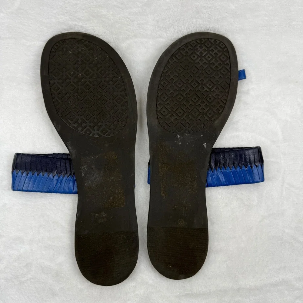 Tory Burch Blue Woven Leather‎ Toe Ring Slide Flat Sandals Womens 8.5 Estimated